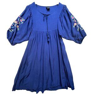 New Directions Womens Embroidered Floral Tassel Tie Neck Mini Dress Size PS Blue